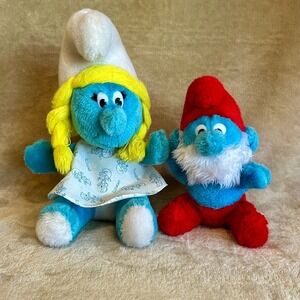 Vintage Smurf Peyo Wallace Berrie 1981 Smurfette & Papa Smurf Stuffed Animal Toy